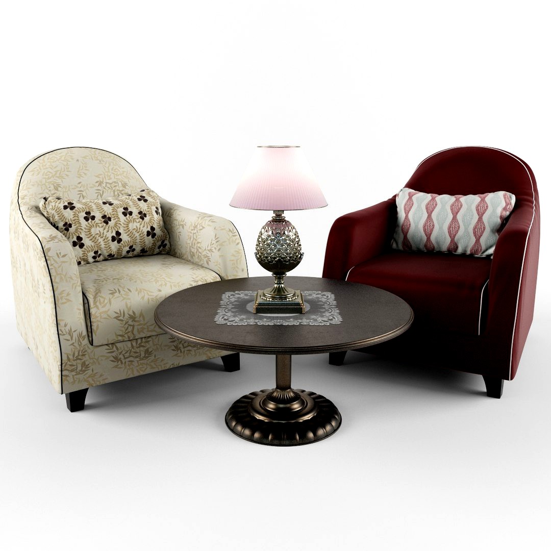 Soft chair, pineapple lamp, table, lace doily.