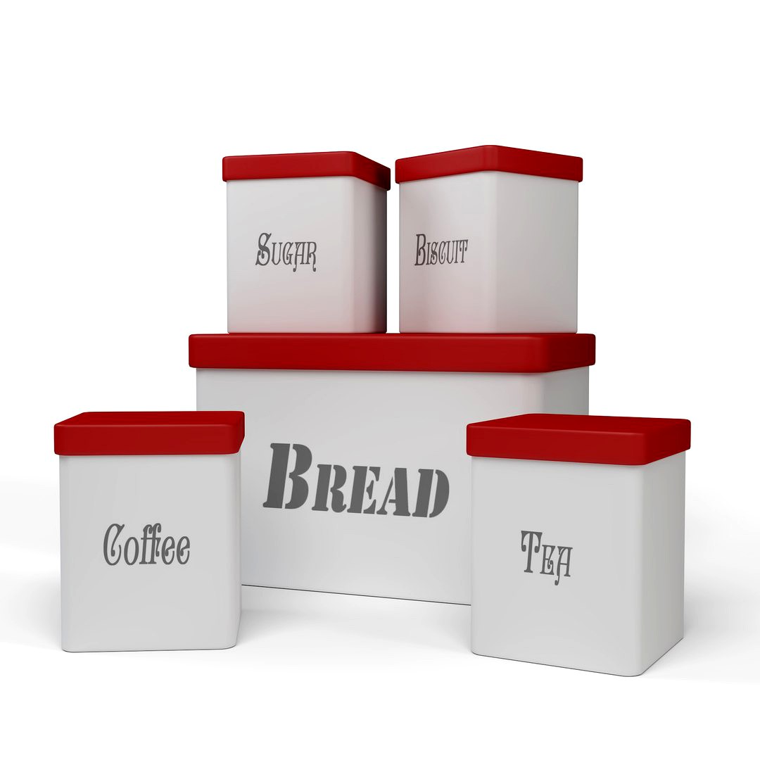 Kitchen Container Set - Bread Bin, Tea, Coffee, Sugar, Biscuit   Container /Red and White/