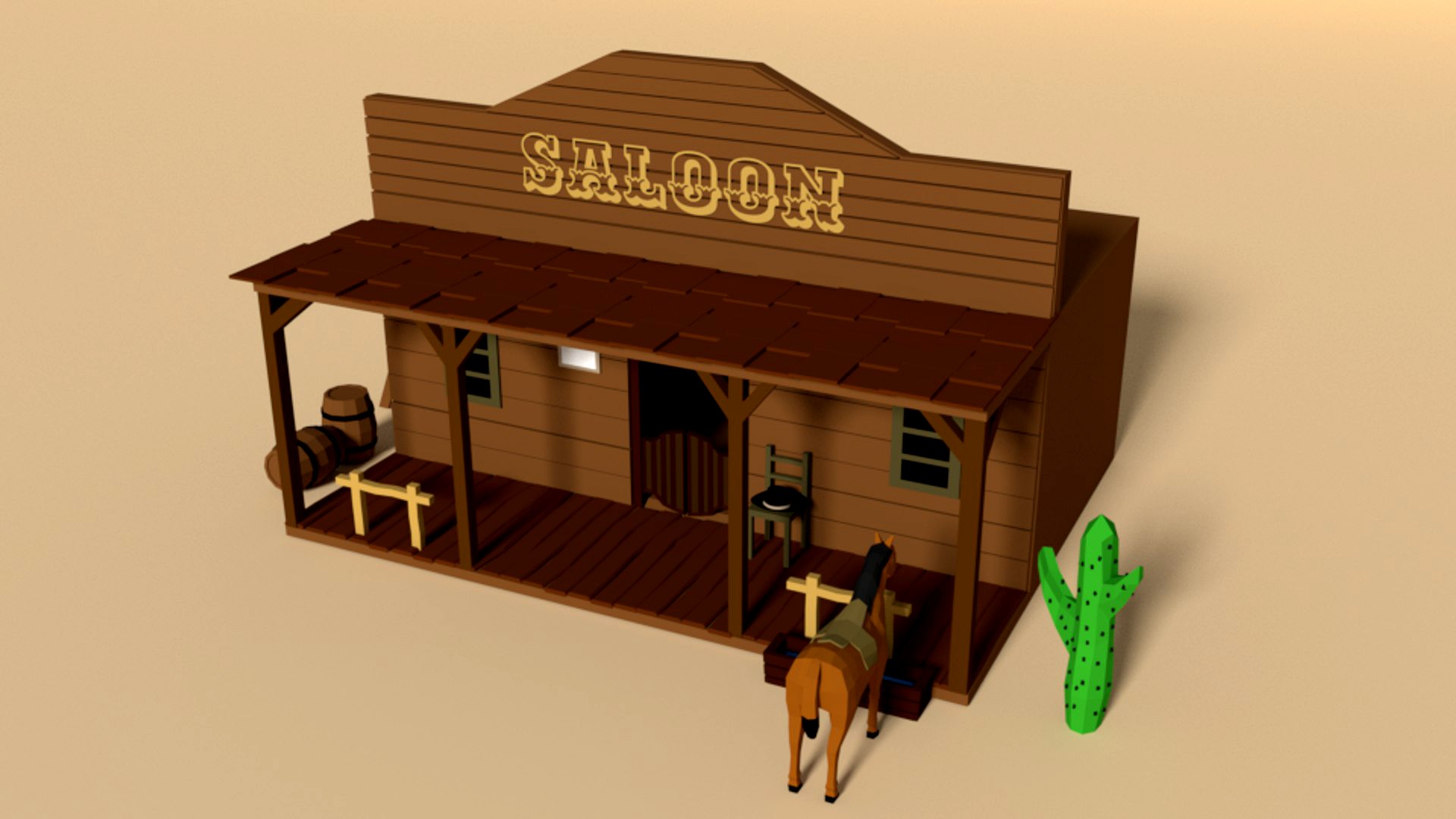 Low Poly Cartoon Saloon - Western Scene