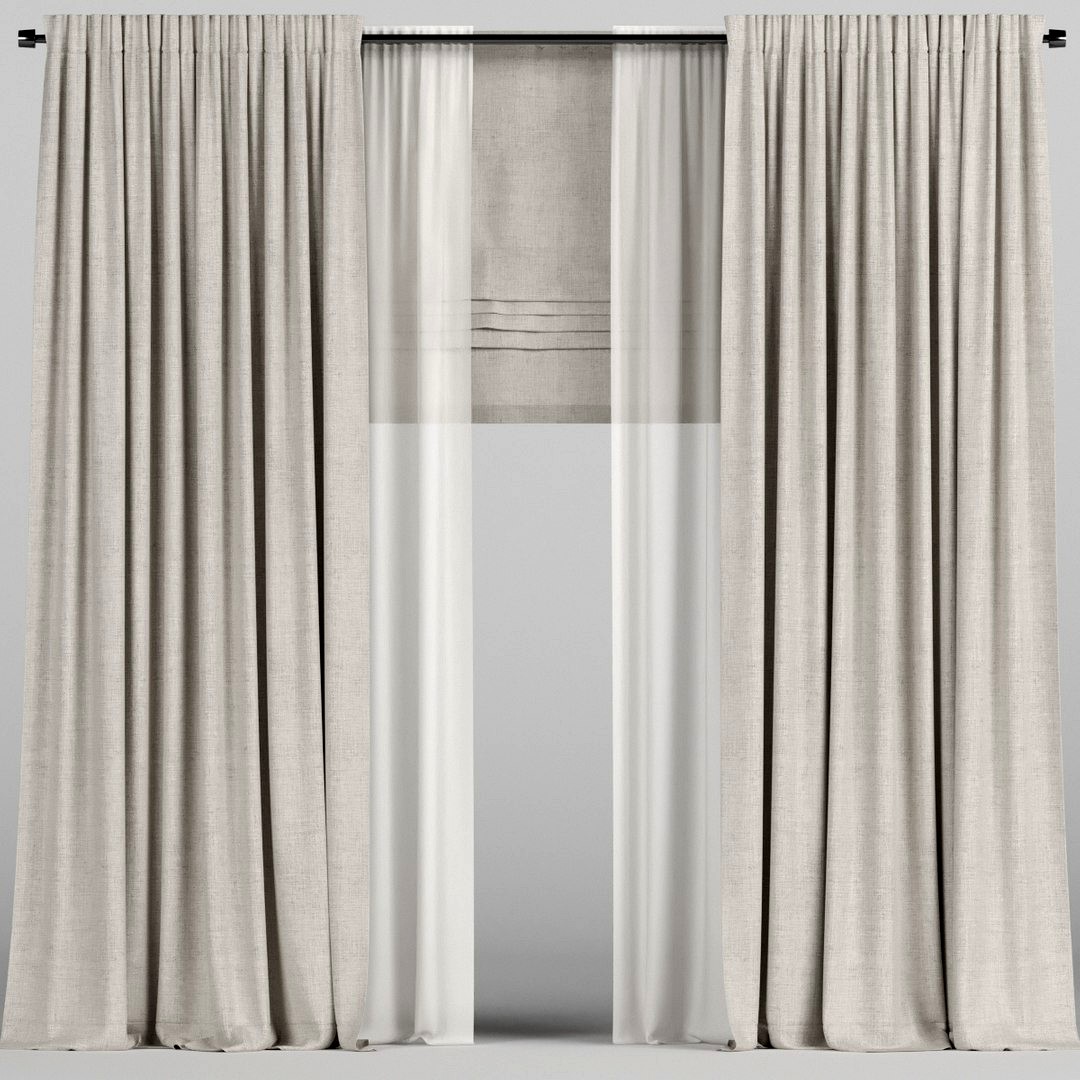 Beige curtains with tulle and roman blinds