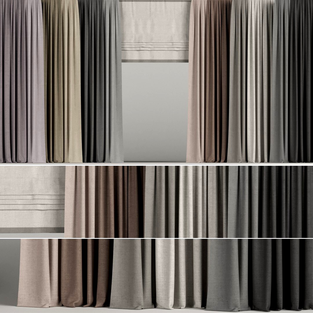 A set of curtains in different colors with a roman curtain