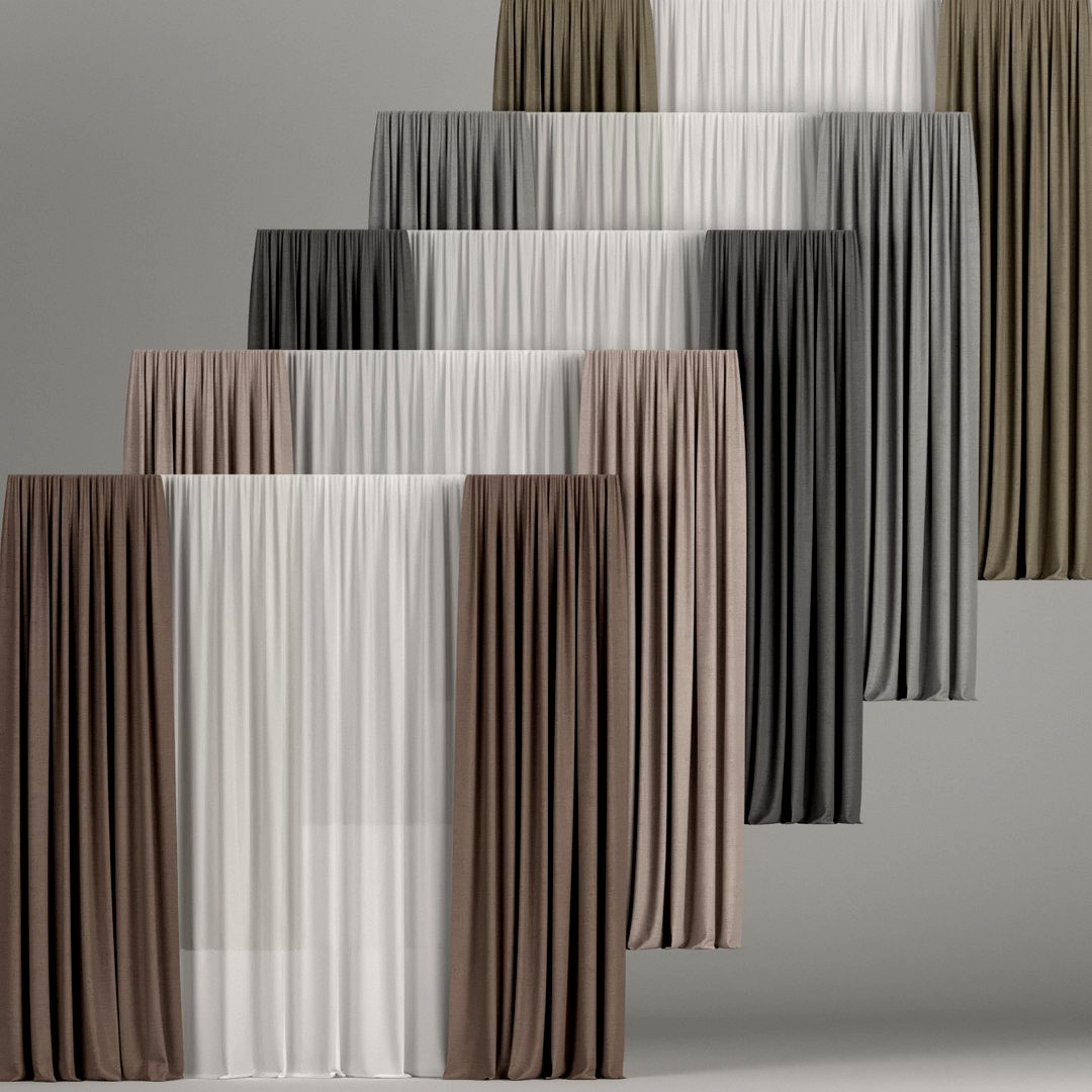 A set of curtains in different colors with tulle