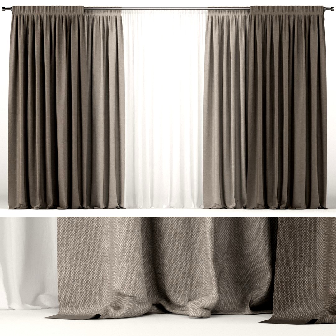 Wide brown curtains in two shades with white tulle