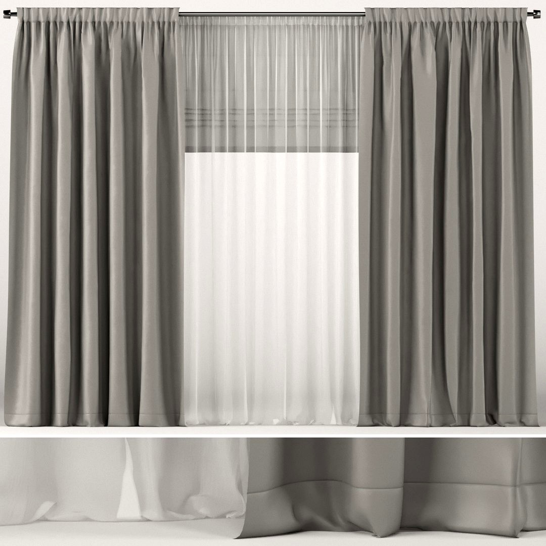 Wide gray curtains with white tulle and roman blinds