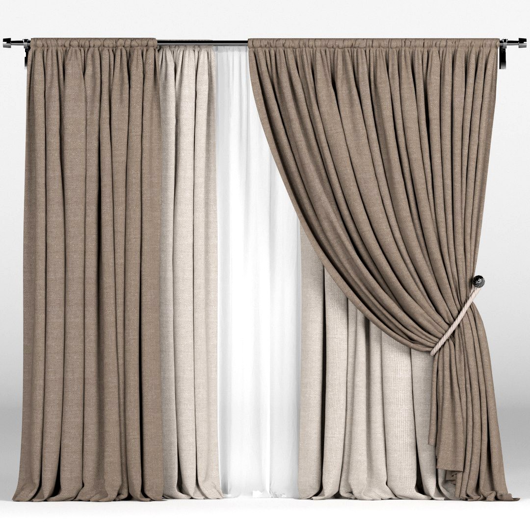Brown curtains in two shades with a garter on a rope and white tulle