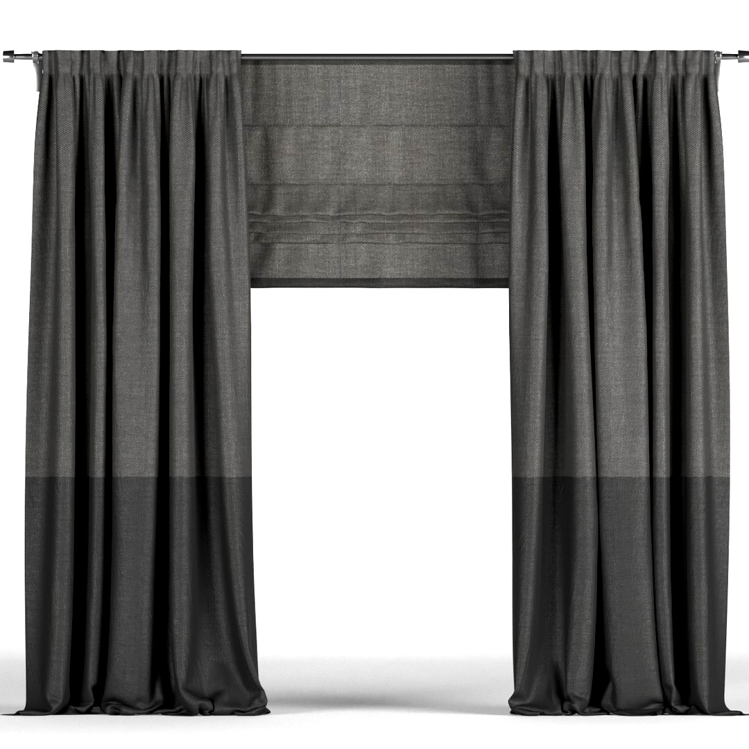 Black curtains in two shades and black roman blinds
