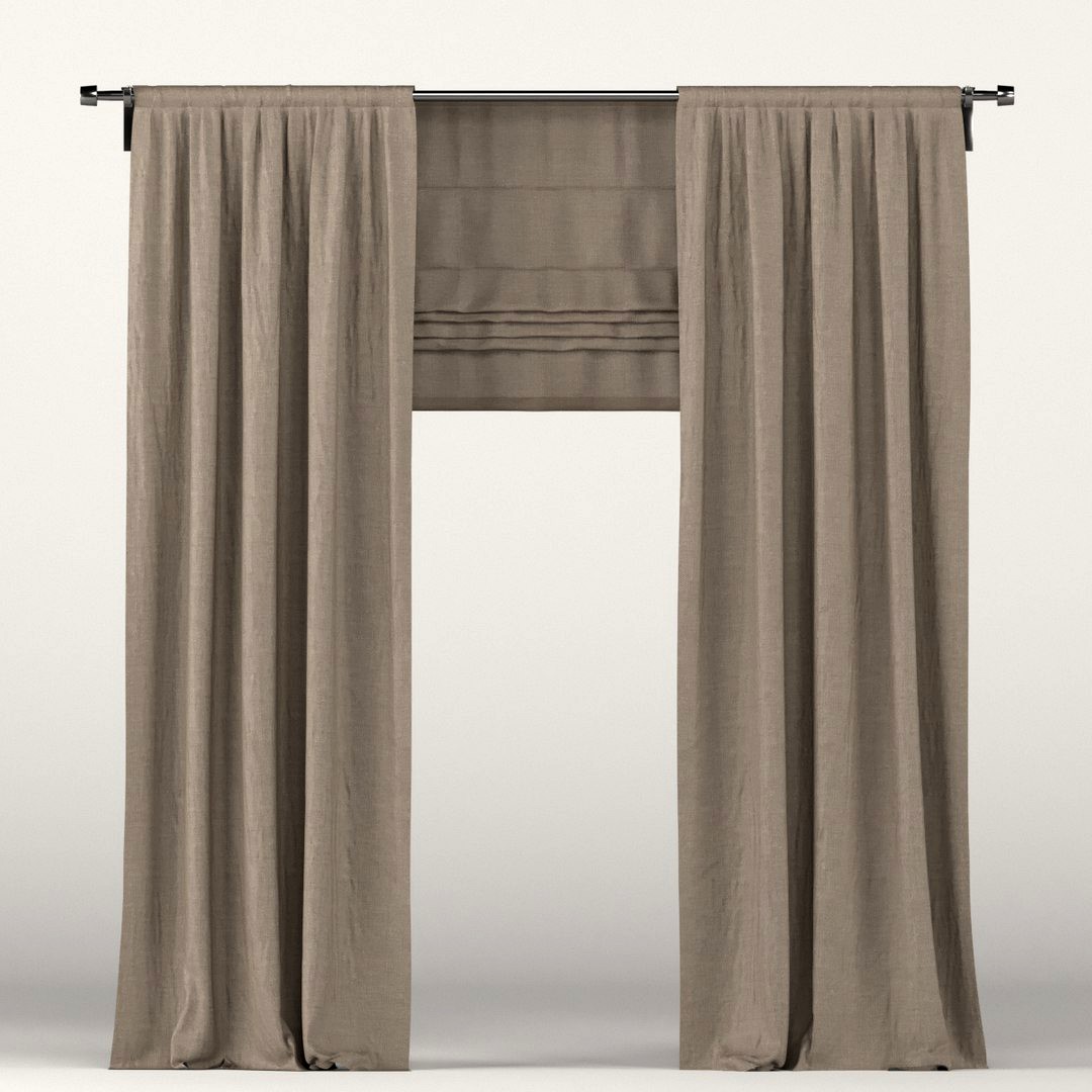 Brown curtains with roman blinds.