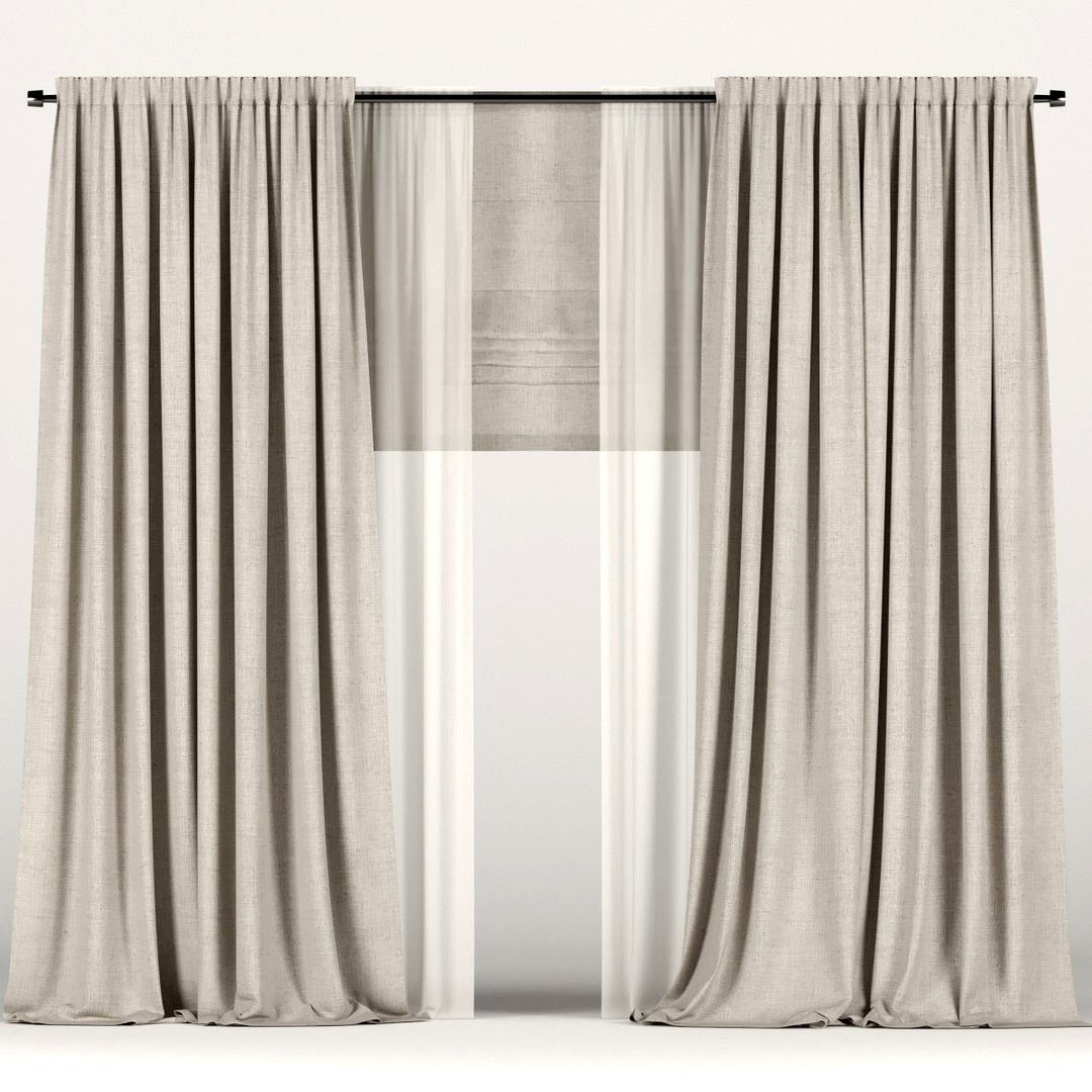 Beige curtains with tulle and a roman curtain