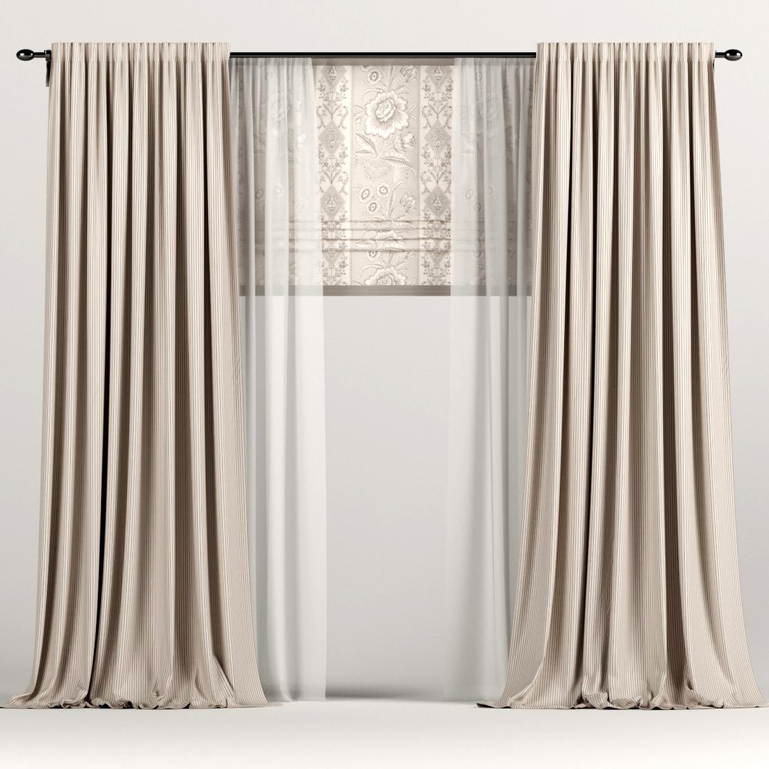 Wide brown curtains with Roman and tulle