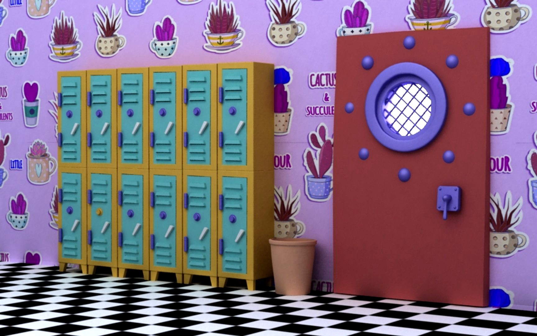 Cartoon classroom trash can  big iron door  cabinet  gate