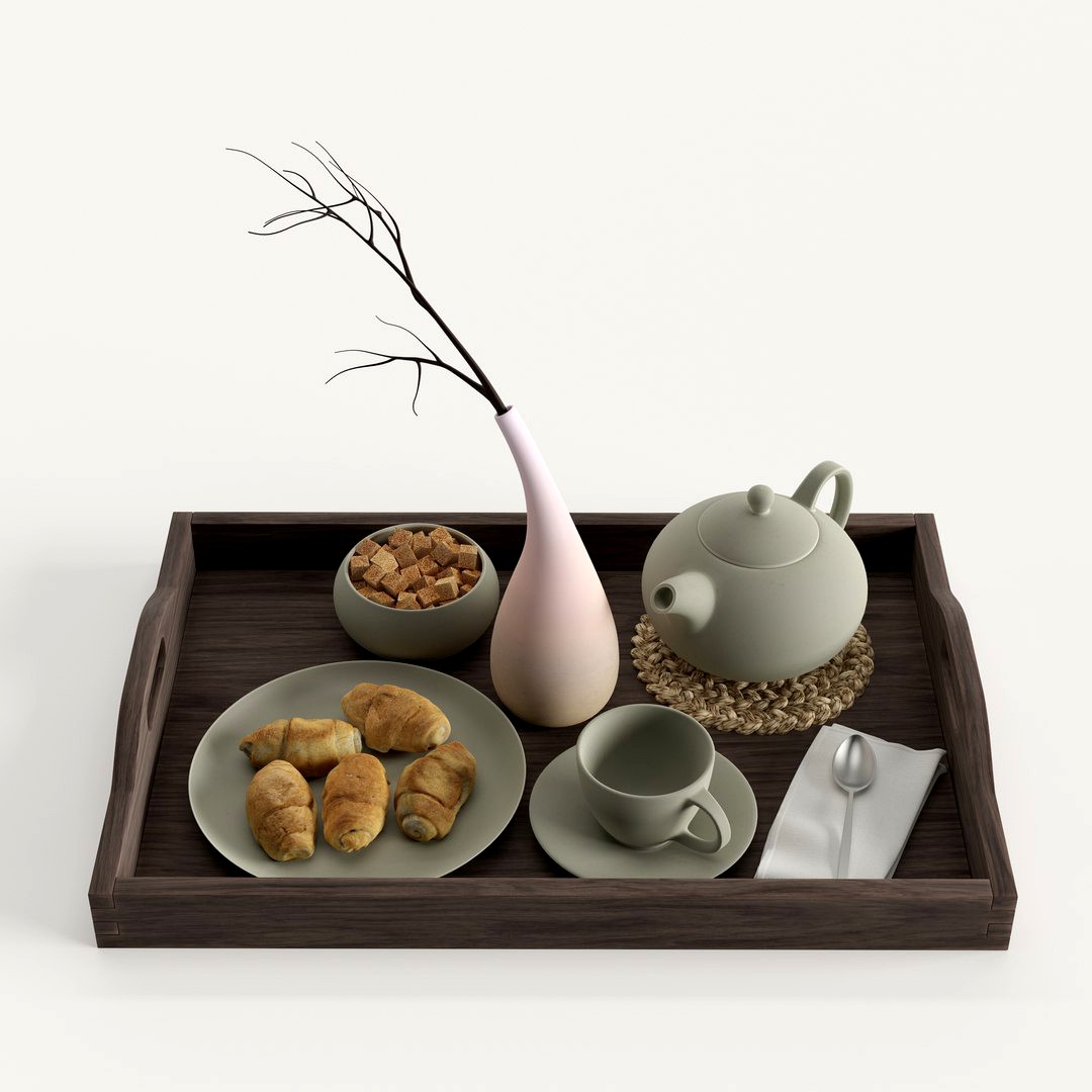 Wooden tray with breakfast on it
