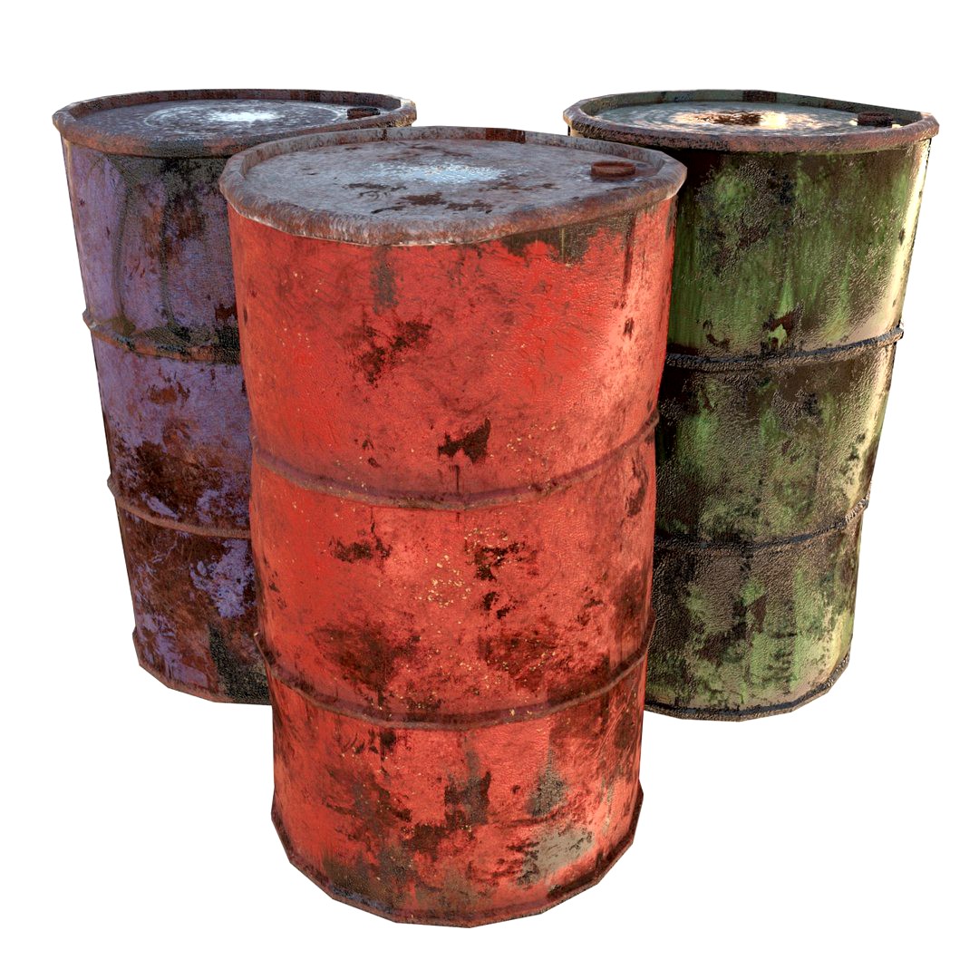 Damaged metal barrels