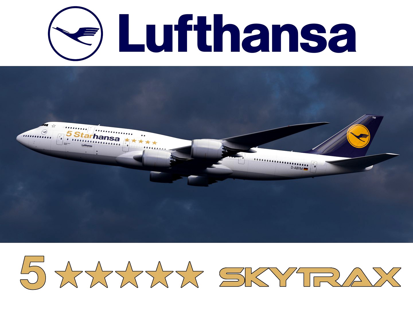 Boeing 747-8 of Lufthansa airlines with "5 Star Hansa" titles. 3D model