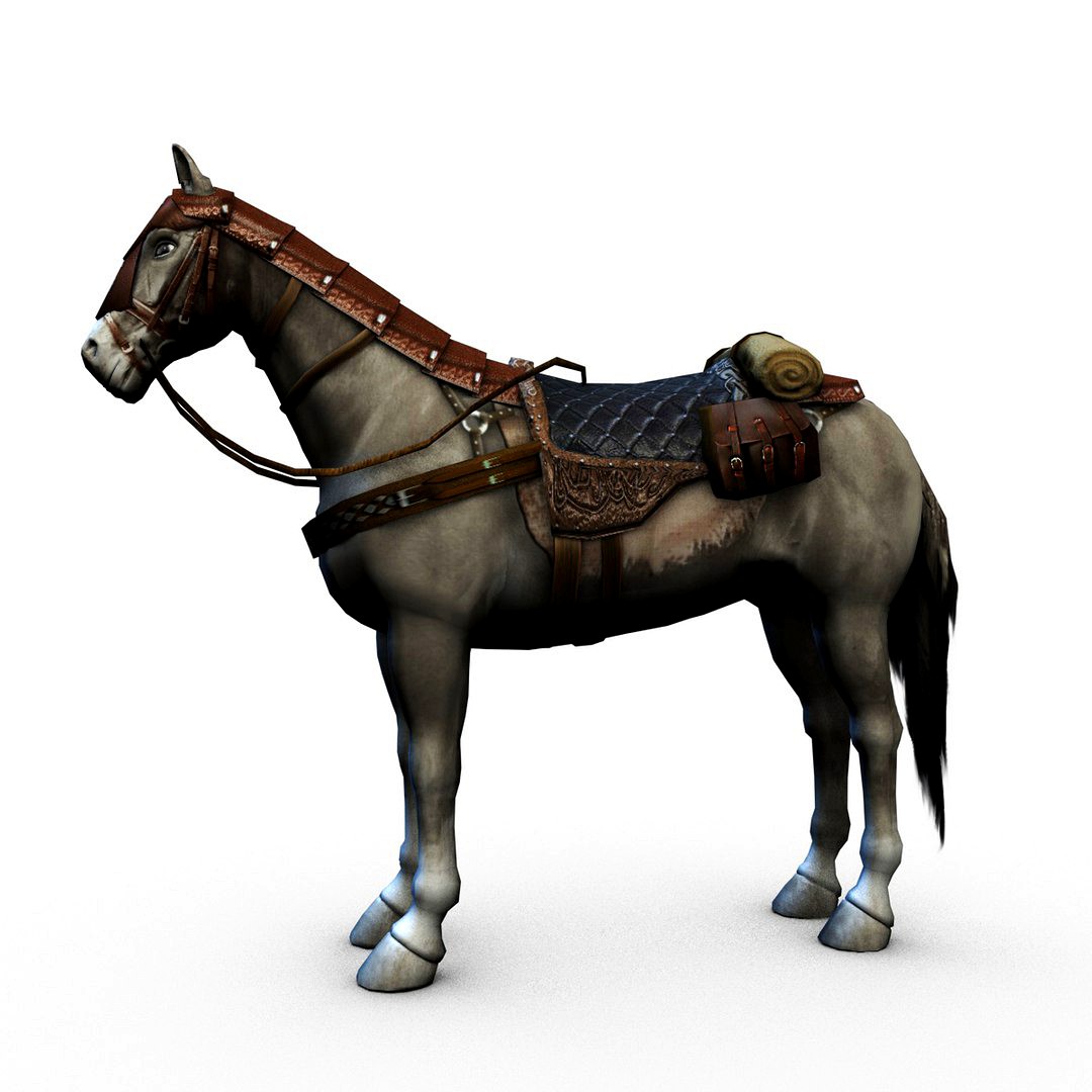 Horse with saddle armor and backpack