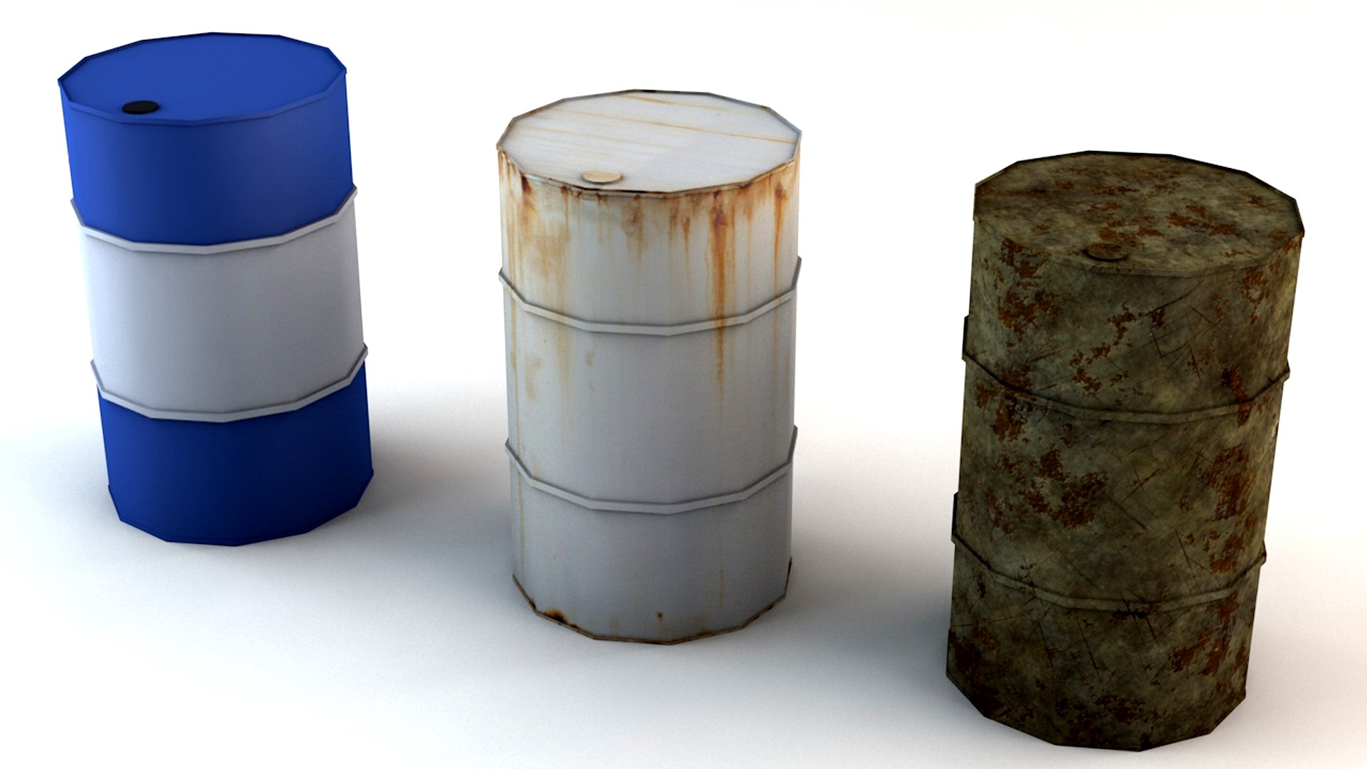 Rusty Used and New Low Poly Barrels Game Ready