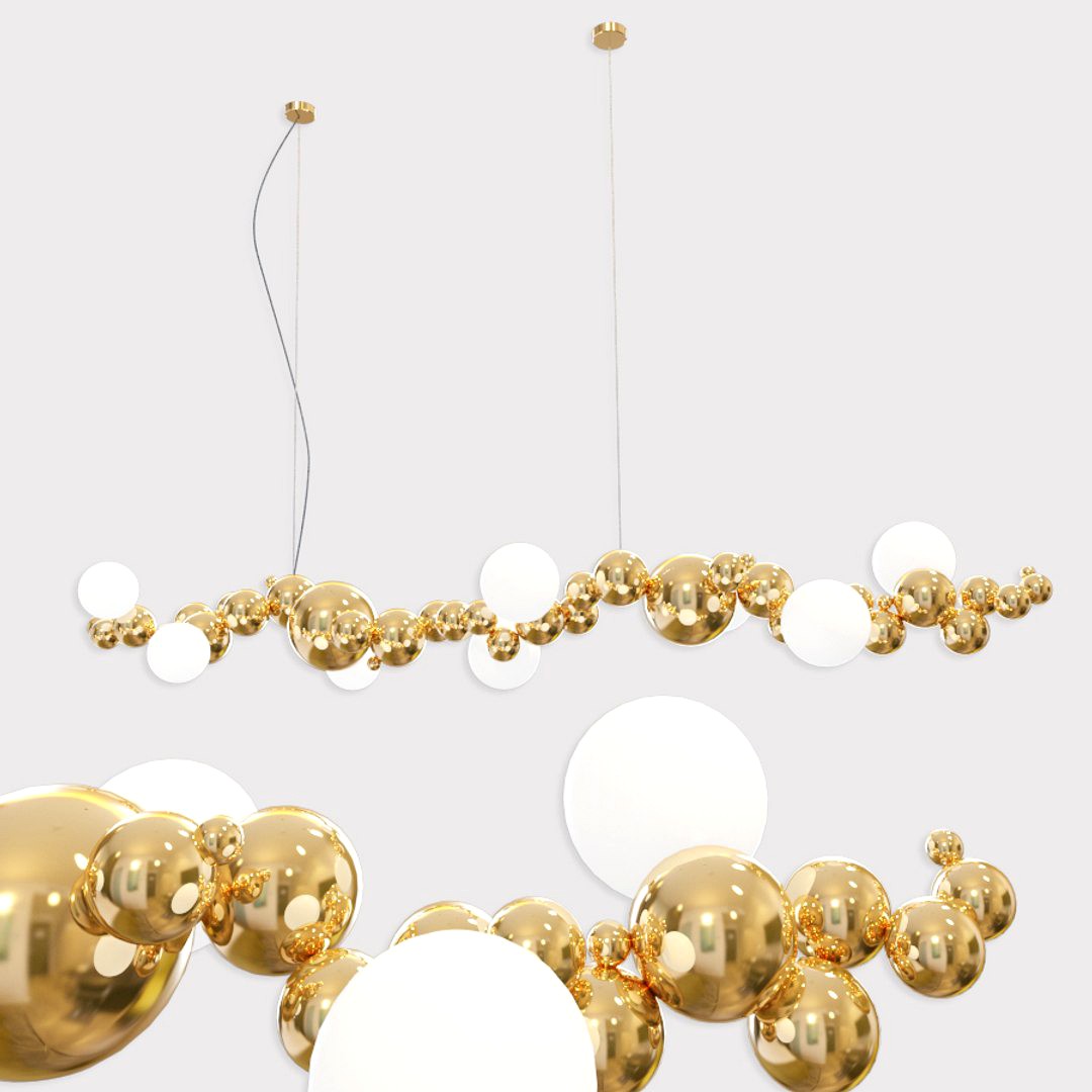 Bubbly Light Linear Modern Molecule Sculptural Chandelier Polished Brass
