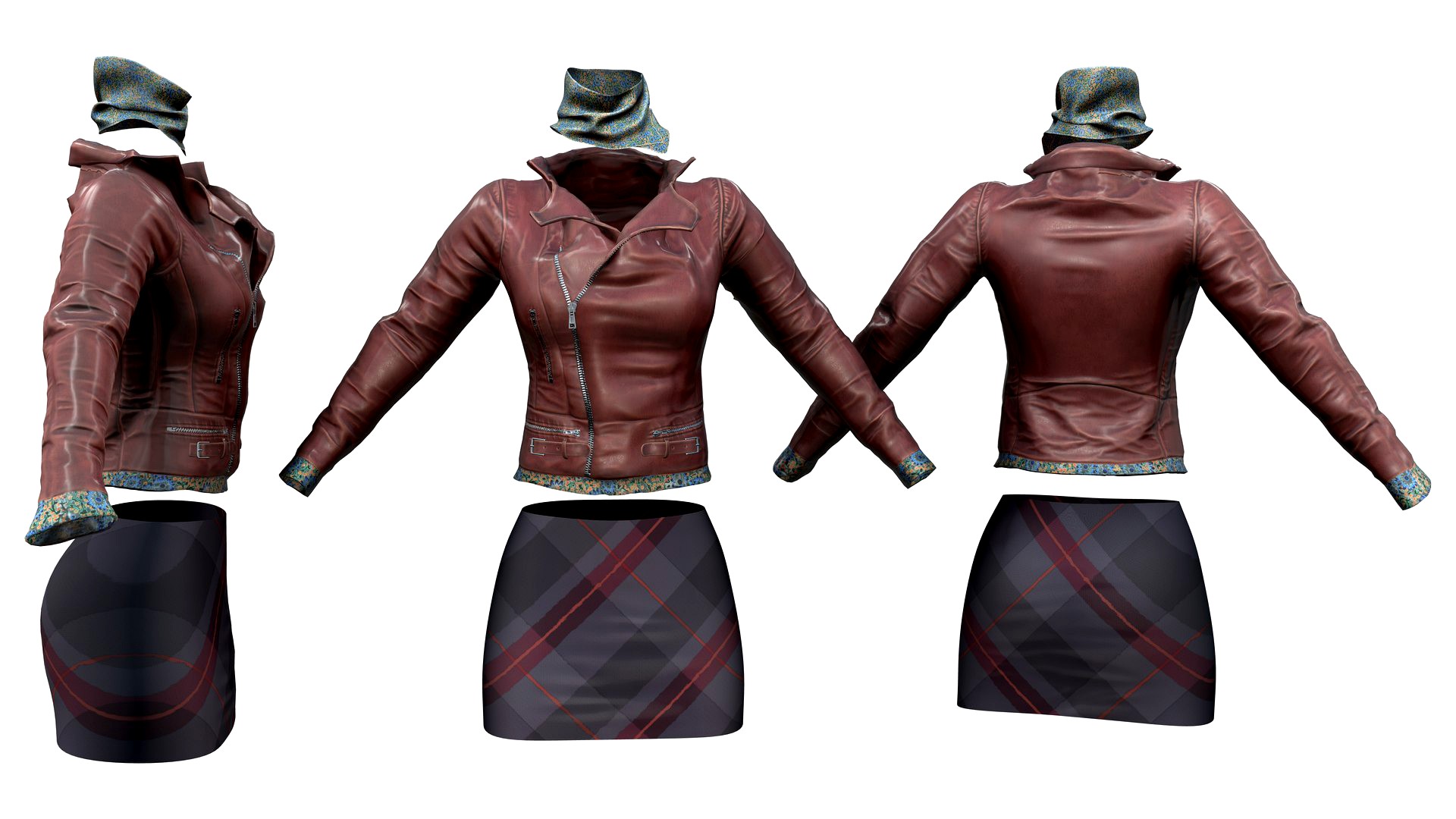 Brown Leather Jacket Scarf Skirt Outfit