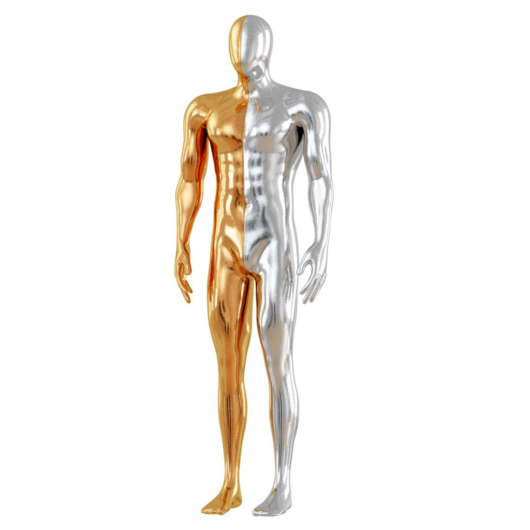 Male mannequin with reflective material in gold and metal 114