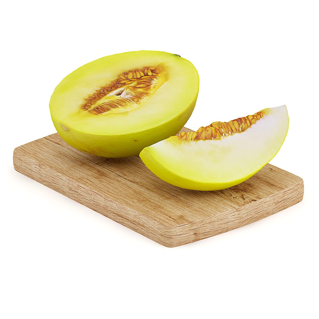 Halved Yellow Melon on Wooden Board