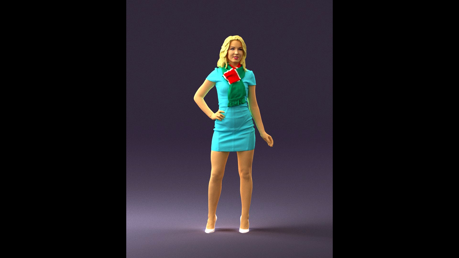 Woman in turquoise dress green scarf 0729