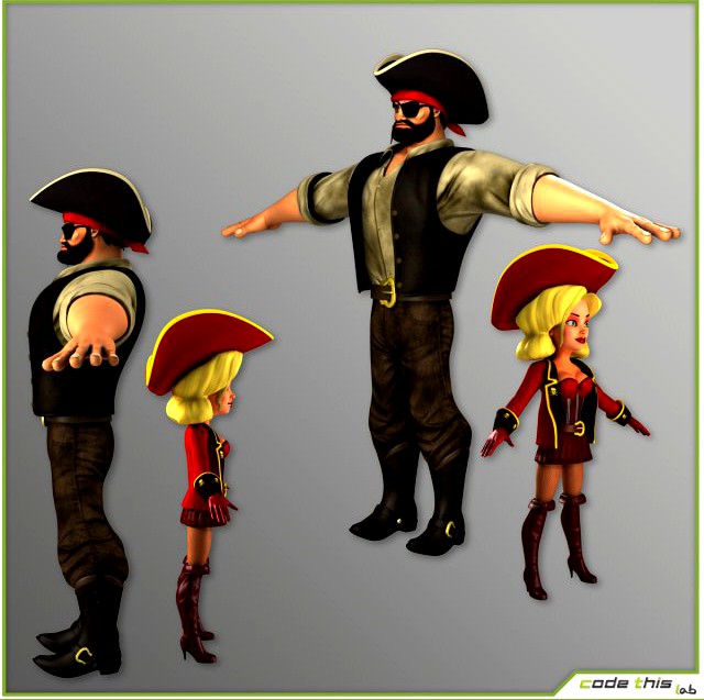 Cartoon Male and Female Pirates TPose Version 3D Model