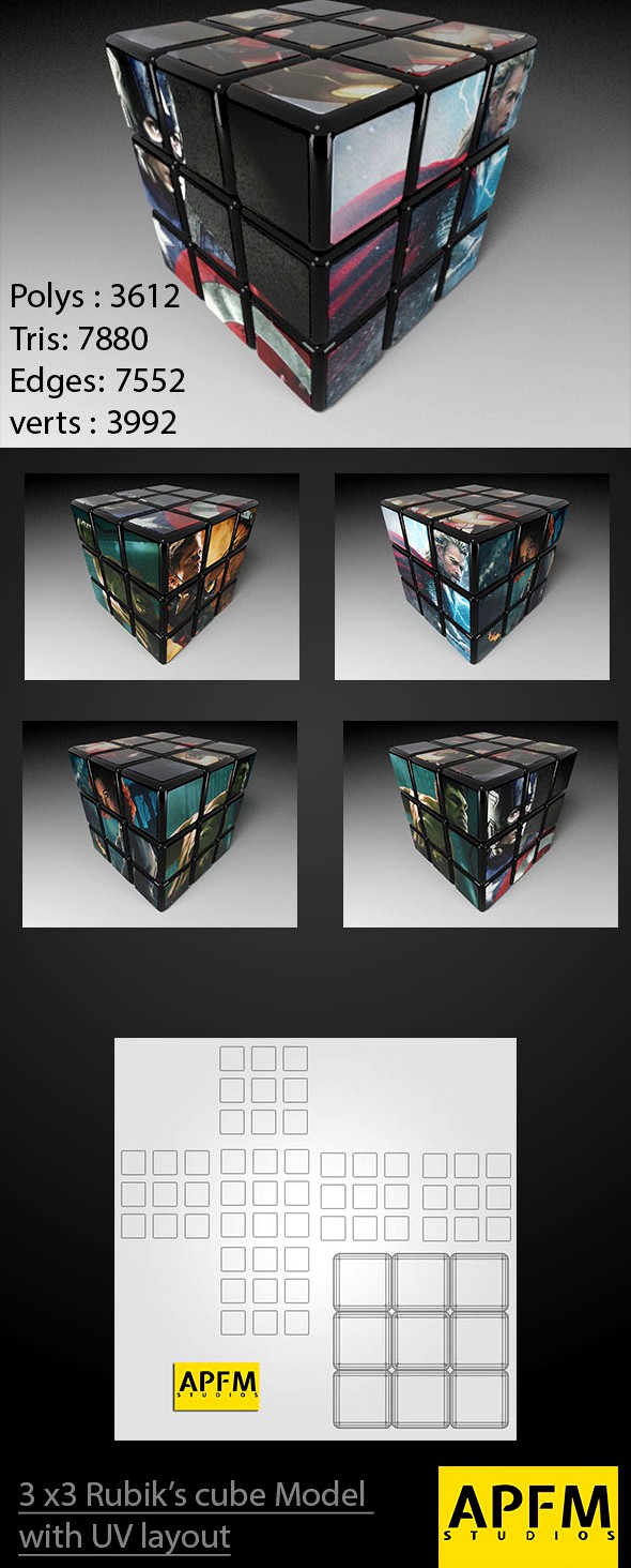 3D High Quality 3x3 Rubik&#x27;s Cube Model with UV lay