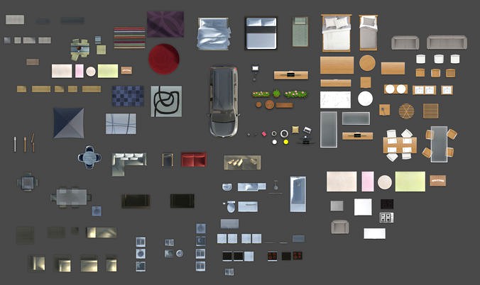 2d furniture floorplan top view PSD 3D model render realistic 3D