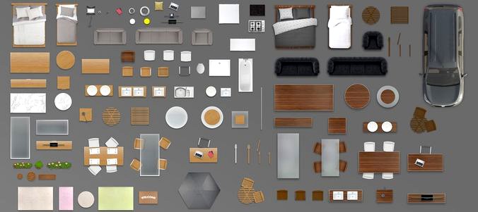 2d furniture floorplan top view PSD 3D model render wood