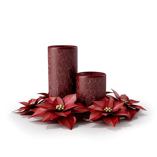 Red Pair Of Asymetrical Crackled Candles Surrounded By Red Poinsettia