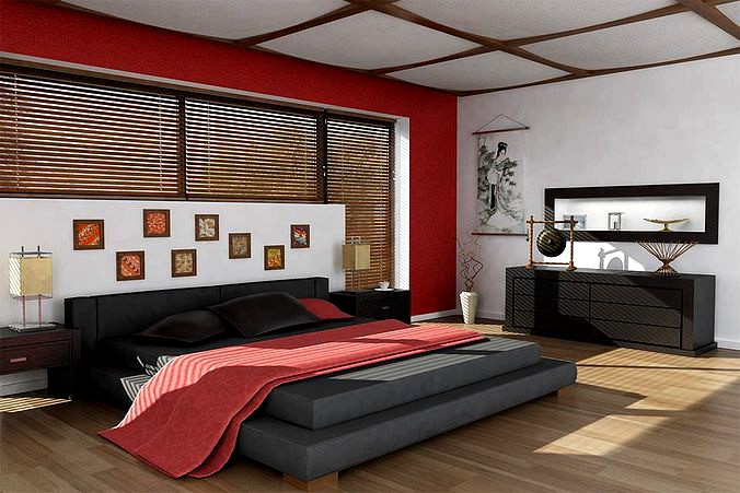 Dark Bedroom With Red Details