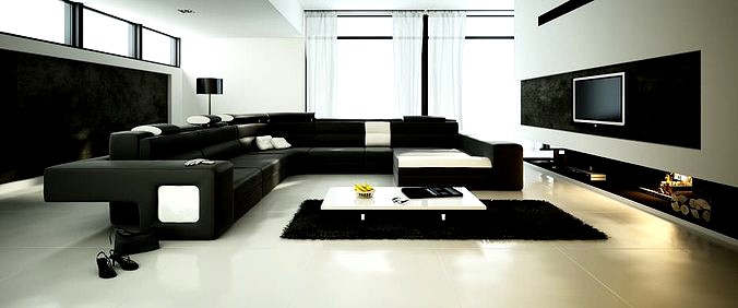 Spacious Living Room With Big Black Sofa