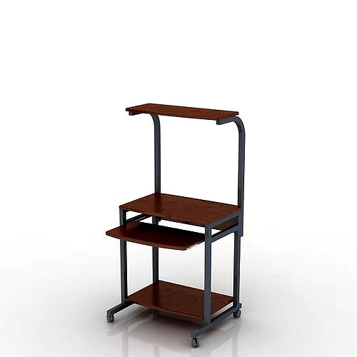Small Space Single Chocolate Brown Wood And Grey Metal Computer Desk With Shelf On Wheels