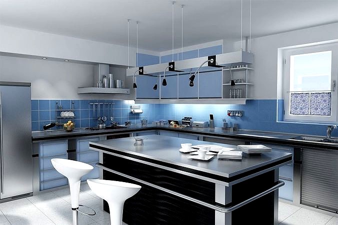 Blue Kitchen Interior With Island Table
