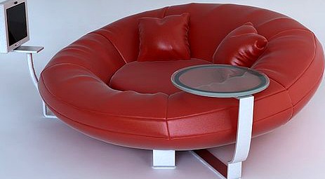 Red leather sofa with pillows