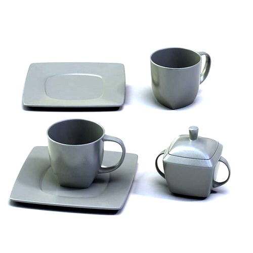 Two Grey Coffee Mugs With Matching Plate And Sugar Bowl