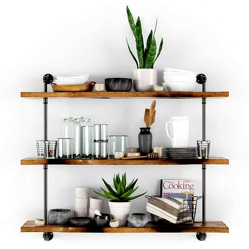Shelves with kitchenware and plants