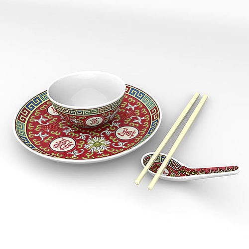 Chinese Porcelain Wan Shou Rice Soup Bowl Set