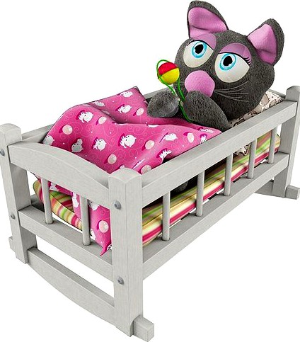 Toy cat in bed