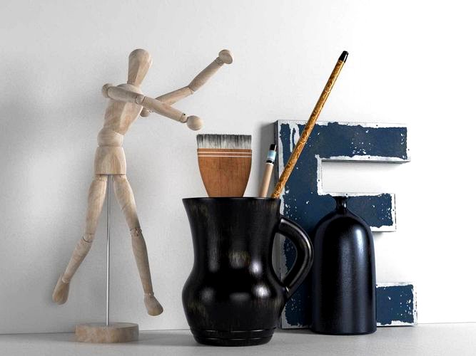 Wooden Mannequin Brushes in Pitcher and Bottle
