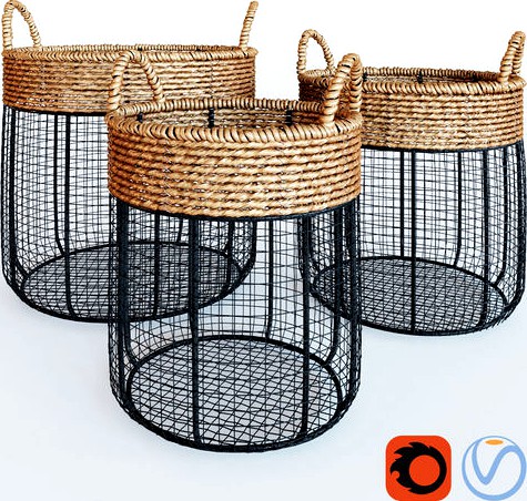 Iron Wire Round Scoop Baskets With Seagrass