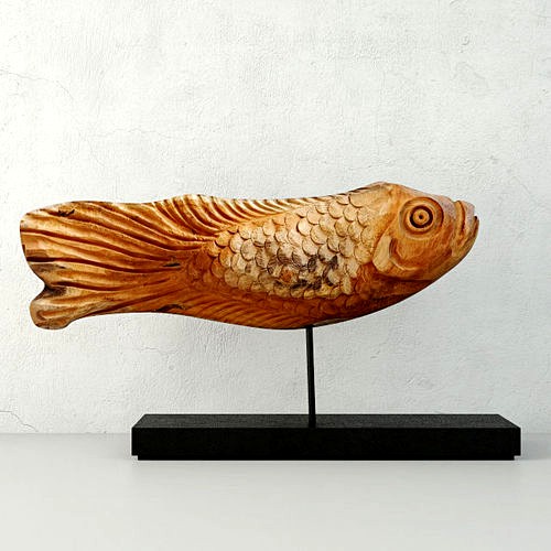 Japanese Hand Carved Vintage Wooden Fish Statue on Stand