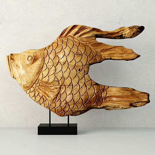 Carved Wood Fish Sculpture on Stand