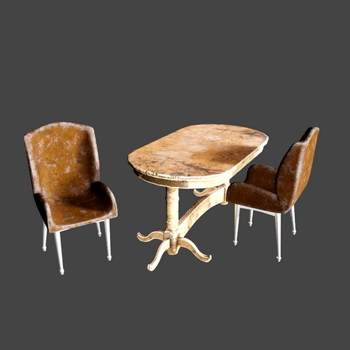 Low-poly old chair and table game asset
