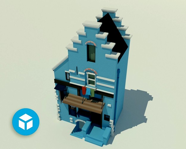 Blue tenement with shop window and basement