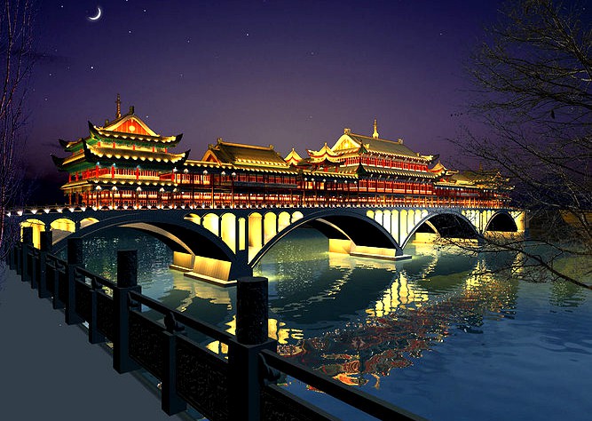 China ancient birdgr - YaAn Wind and Rain porch Bridge night sce