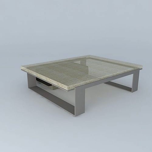 Cast Glass Sled Coffee Table with Leather and Wood Block Ottoman