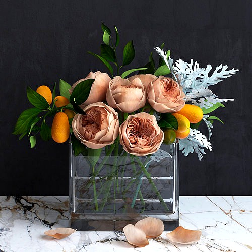 Bouquet of Austin Roses  Kumquat branches and Dusty Miller plant