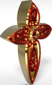 Golden Jewelry Cross Shaped Pendant With Ruby | 3D