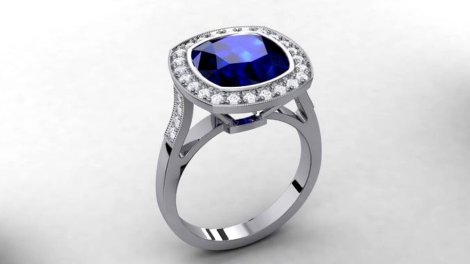 Blue Sapphire Halo Ring 0017 | 3D