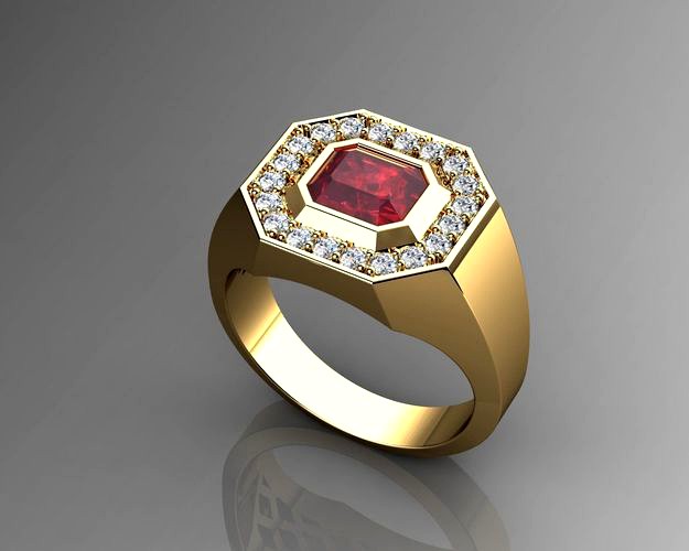 Pave Mens Ring Diamond and Ruby | 3D